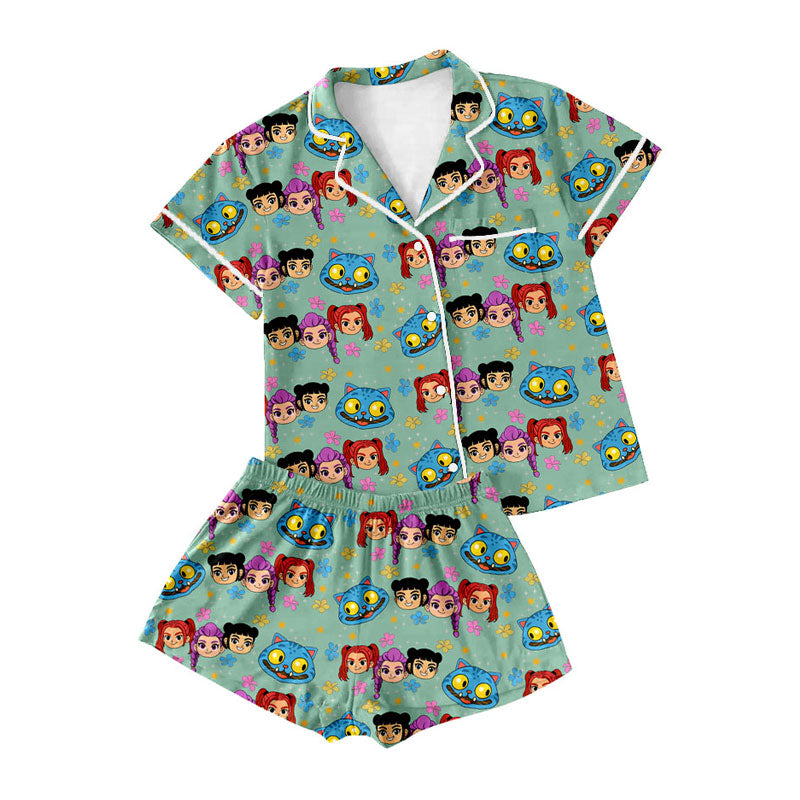 Preorder moq 5 Adult Women Cartoon Girls Flowers Button Pockets Top Shorts Pajamas Sets