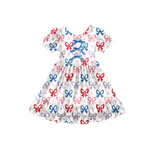 Preorder (moq 5)Baby Girls Bows Fireworks 4th of July Ruffle Knee Length Dresses