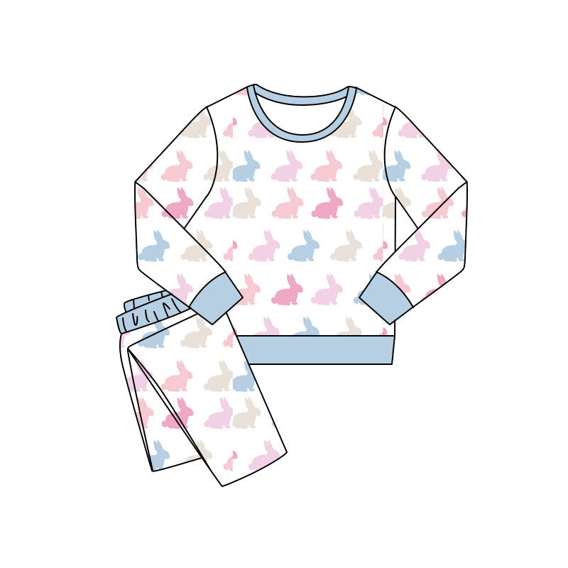Preorder (moq 20)Baby Girls Bamboo Colorful Rabbits Easter Pants Pajamas Sets