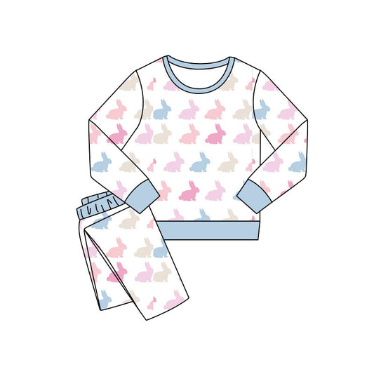 Preorder (moq 20)Baby Girls Bamboo Colorful Rabbits Easter Pants Pajamas Sets