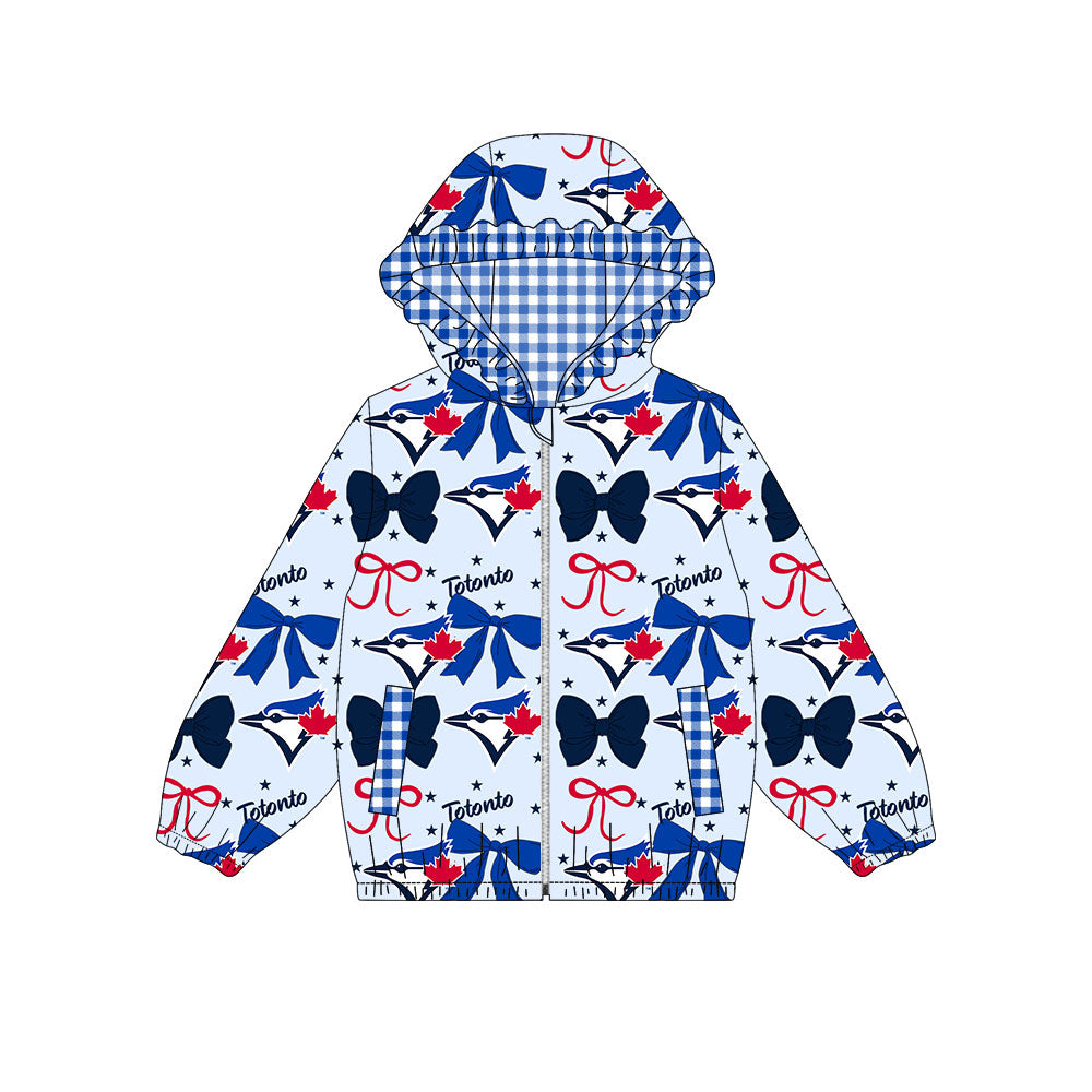 Preorder(moq 8)Baby Girls Blue Navy Bows Totonto Pockets Zipper Team Ruffle Hoodies Jackets