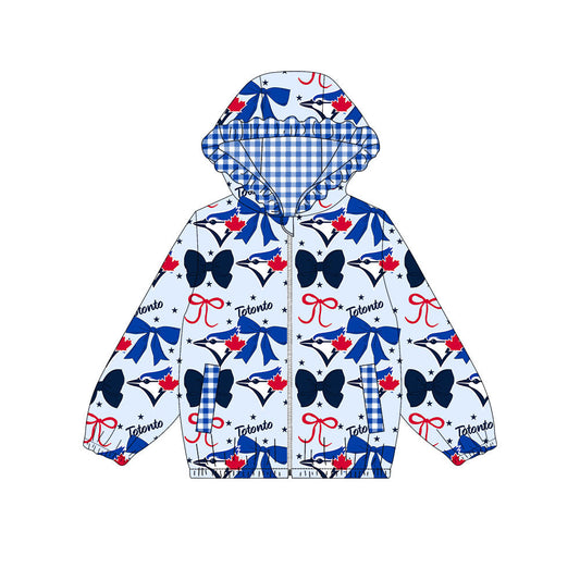 Preorder(moq 8)Baby Girls Blue Navy Bows Totonto Pockets Zipper Team Ruffle Hoodies Jackets