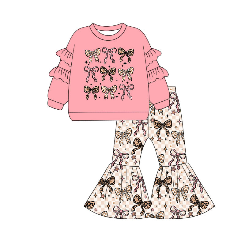 Preorder (moq 5)Baby Girls Bows Stars Shirts Top Bell Bottom Pants Clothes Sets
