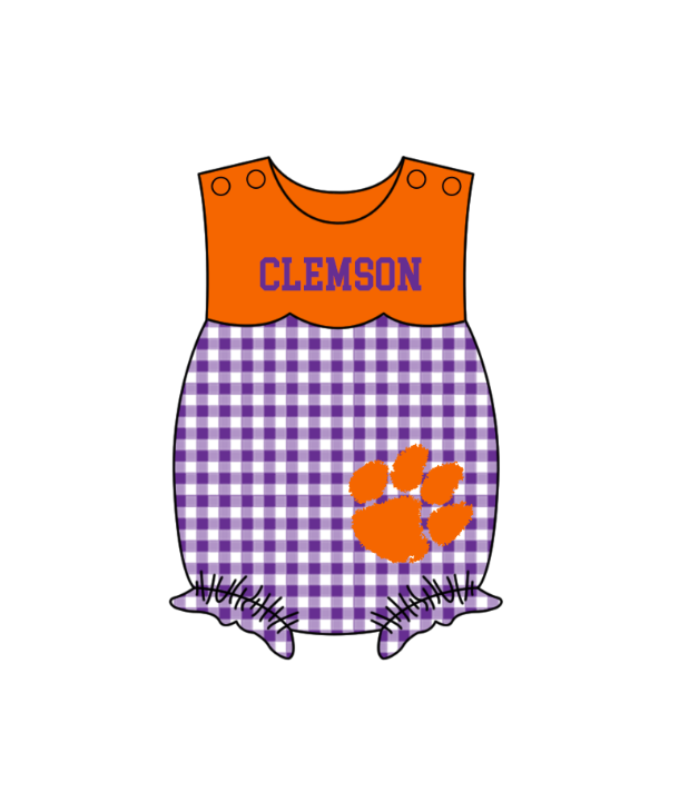 Preorder (moq 5)Baby Girls Sleeveless Clemson Ruffle Rompers