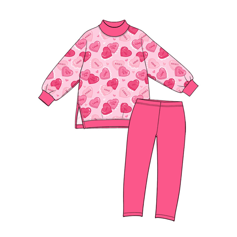 Preorder (moq 5) Baby Girl Clothes Valentine Candy Heart Mixed Print Long Sleeve Side Slit Top Solid Pant Set