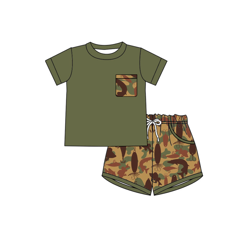 Preorder (moq 5)Baby Boys Fishing Shirts Top Camo Pockets Short Hunting Clothes Set