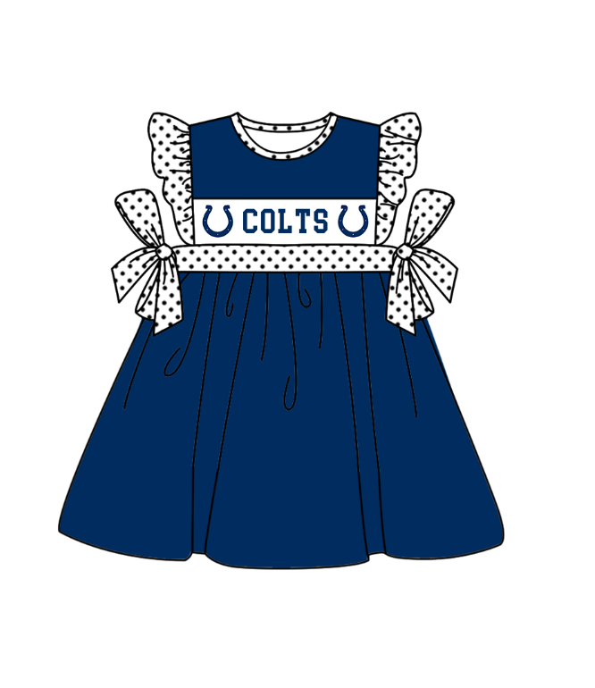 Preorder (moq 5)Baby Girls Polka Dots Flutter Sleeve Colts Team Knee Length Dresses
