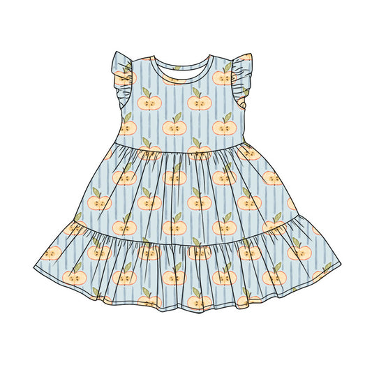 Preorder (moq 5)Baby Girls Flutter Sleeve Blue Stripe Apples Back to School Patchwork Dress
