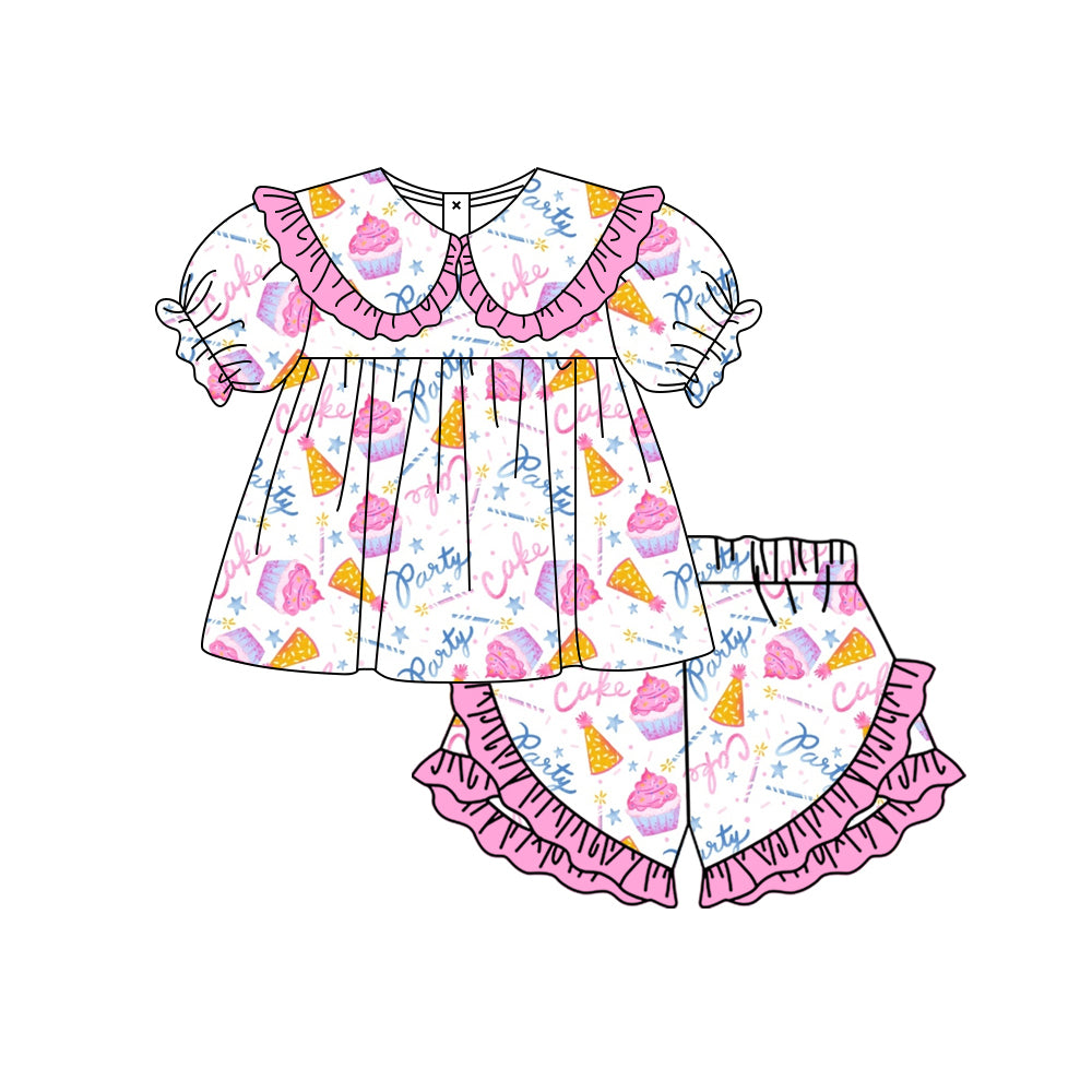 Preorder moq 5 Baby Girls Happy Birthday Collar Tunic Ruffle Shorts Clothes Set