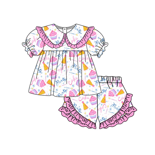 Preorder moq 5 Baby Girls Happy Birthday Collar Tunic Ruffle Shorts Clothes Set