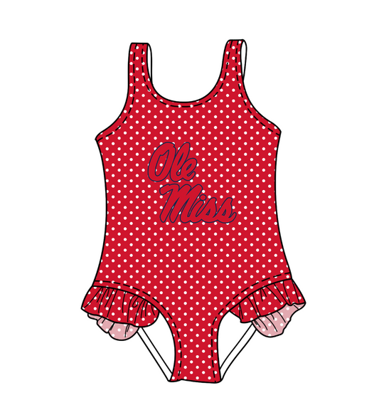 Preorder moq 5 Baby Girls Sleeveless Red Polka Dots Ole Miss Team Swimsuits