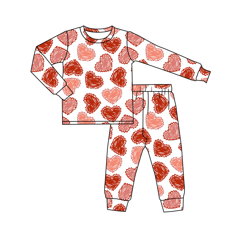 Preorder(moq 8)Baby Girls Pink Hearts Plaid Top Pants Valentine Pajamas Set