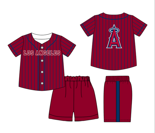 Preorder (moq 5)Baby Boys Blue Stripe Los Angeles Button Top Shorts Team Clothes Sets