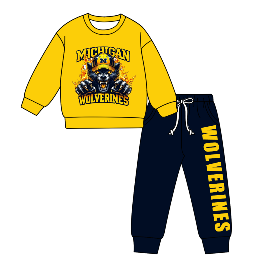 Preorder(moq 5) Baby Boys Michigan Wolverines Yellow Top Pockets Jogger Pants Team Clothes Sets