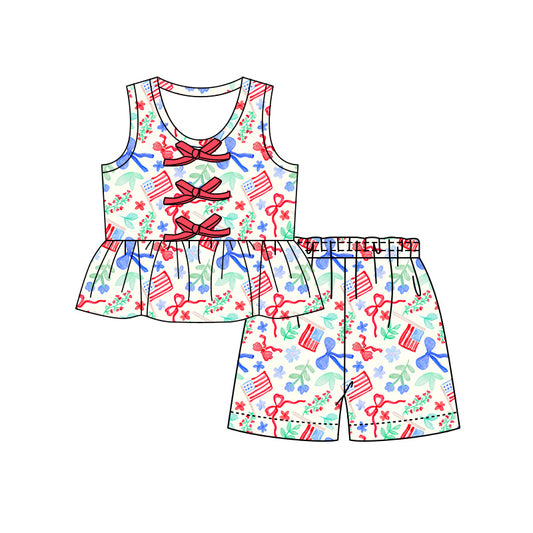 Preorder (moq 5)Baby Girls Flags Bows Button Tunic Shorts 4th of July Clothes Set
