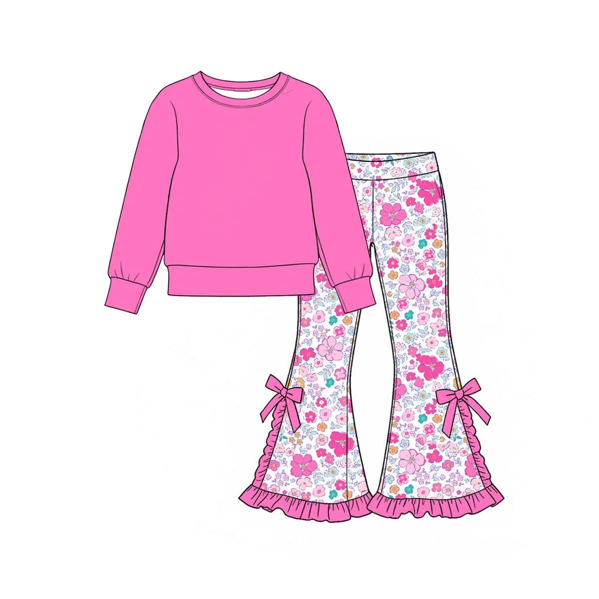Preorder (moq 5) Baby Girl Clothes Spring Floral Print Ruffle Bow Flare Pants Solid Pink Long Sleeve Top Outfit Set