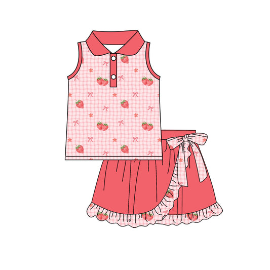 Preorder (moq 5)Baby Girls Pink Checked Bows Strawberry Button Top Ruffle Skirt Shorts Clothes Set