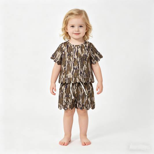 Baby Girls Southern Olive Camo Top Pockets Shorts Scallop Clothes Sets