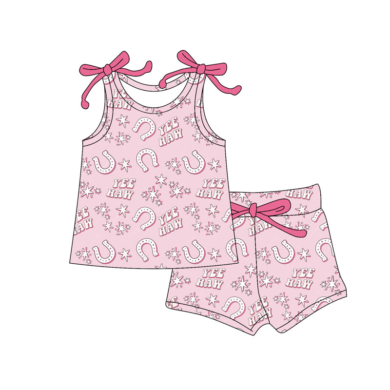 Preorder (moq 5)Baby Girls Pink YEE HAW Shoes Top Shorts Western Clothes Sets