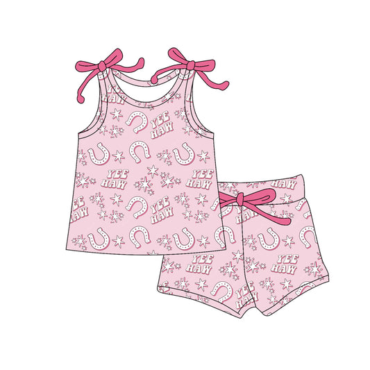 Preorder (moq 5)Baby Girls Pink YEE HAW Shoes Top Shorts Western Clothes Sets