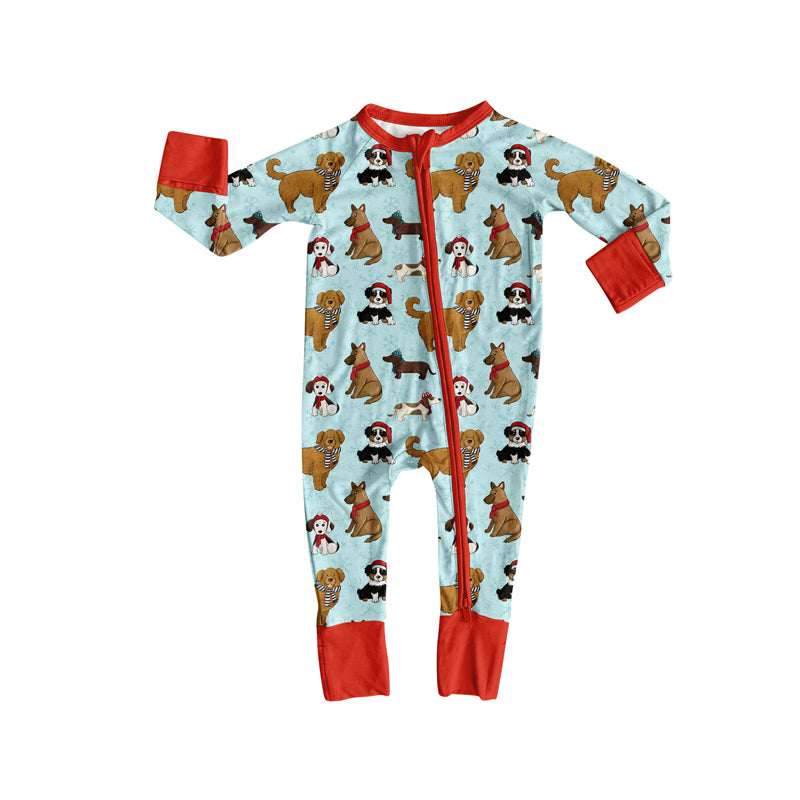 Preorder(moq 5)Baby Infant Boys Dogs Snowflake Christmas Zipper Footie Rompers