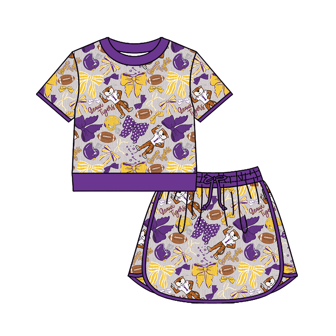 Preorder (moq 5)Baby Girls Bows Footballs Tigers Top Skirt Shorts Team Clothes Sets
