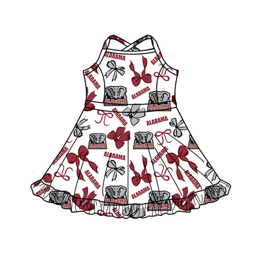 Preorder (moq 5)Baby Girls Strap Alabama Bows Team Shorts Ruffle Knee Length Dress