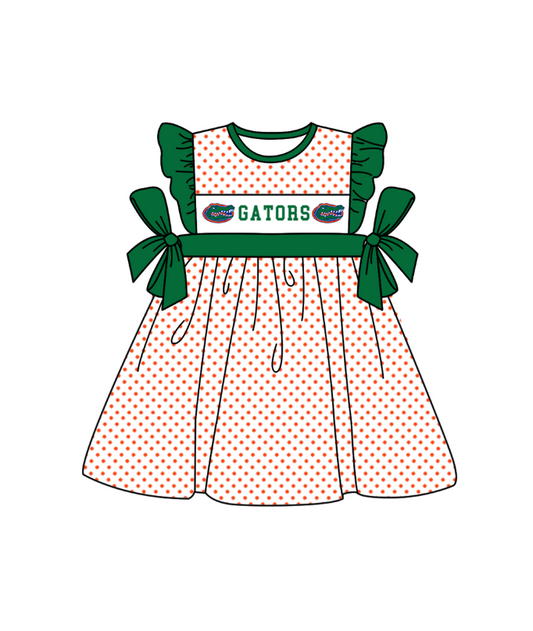 Preorder (moq 5)Baby Girls Flutter Sleeve Polka Dots Gators Team Knee Length Dresses