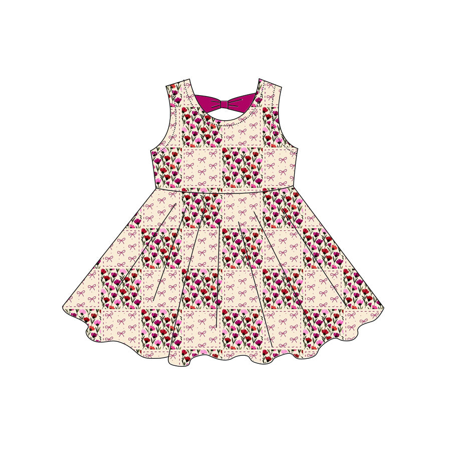 Preorder moq 5 Baby Girls Sleeveless Bows Flowers Checked Knee Length Dresses