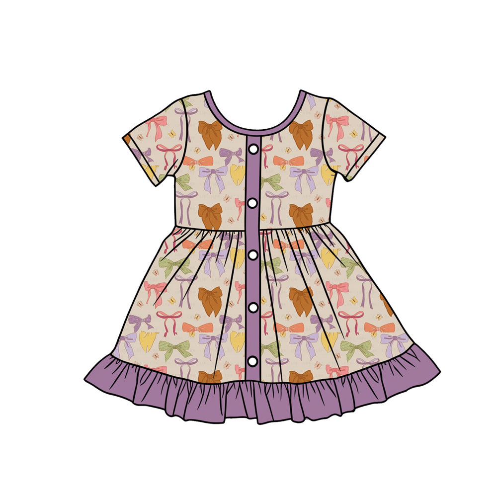 Preorder (moq 5)Baby Girls Short Sleeve Colorful Bows Butterfly Button Ruffle Knee Length Dresses