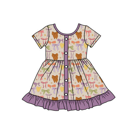 Preorder (moq 5)Baby Girls Short Sleeve Colorful Bows Butterfly Button Ruffle Knee Length Dresses