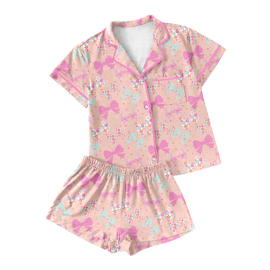 Preorder moq 5 Adult Women Colorful Flower Bows Button Pockets Top Shorts Pajamas Sets