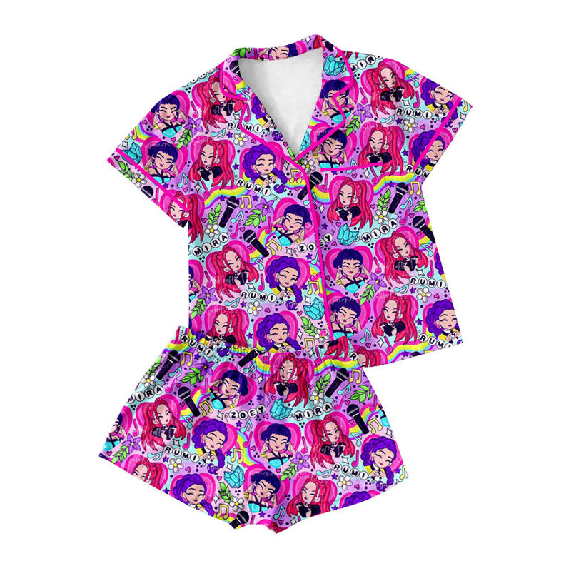 Preorder moq 5 Adult Women Cartoon Girls Flowers Button Pockets Top Shorts Pajamas Sets