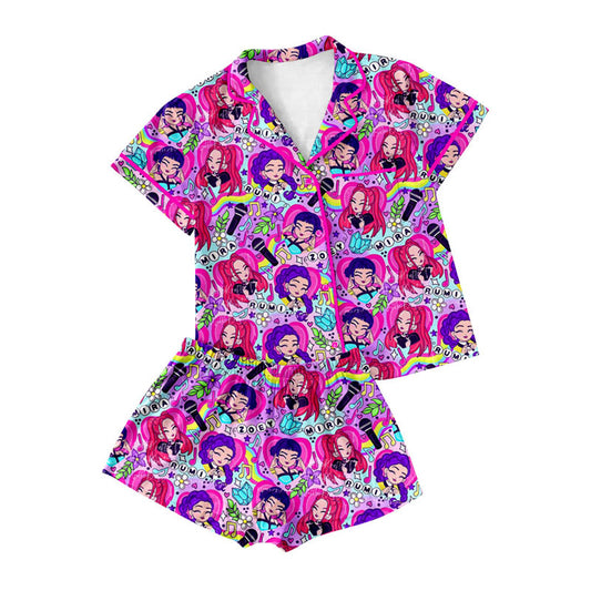 Preorder moq 5 Adult Women Cartoon Girls Flowers Button Pockets Top Shorts Pajamas Sets