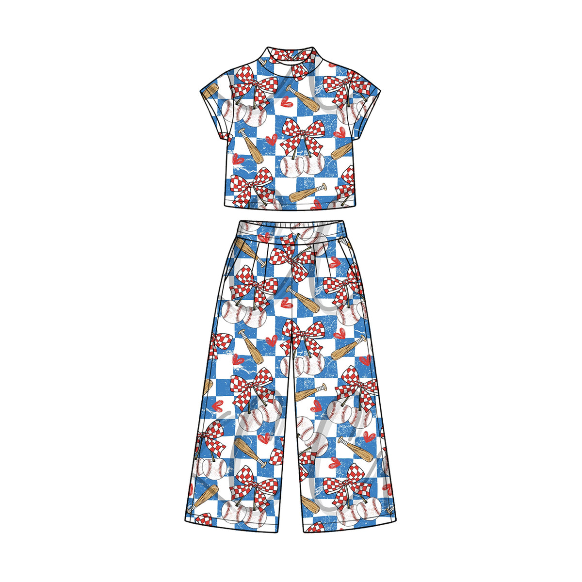 Preorder (moq 5) Baby Girl Clothes Baseball Bow Checkered Mixed Print Short Sleeve Crop Top Wide Leg Pant Set