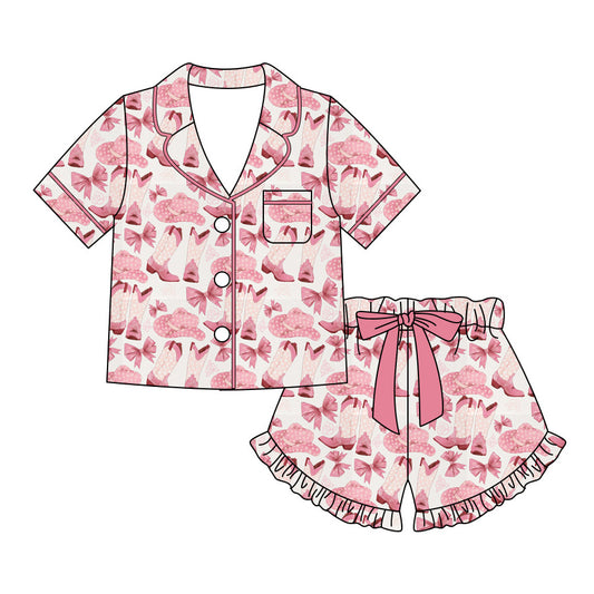 Preorder moq 5 Adult Women Bow Boots Button Pocket Top Ruffle Short Western Pajamas Sets