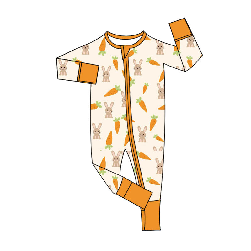 Preorder (moq 20)Baby Girls Bamboo Rabbits Carrots Easter Two Way Zip Convertible Rompers