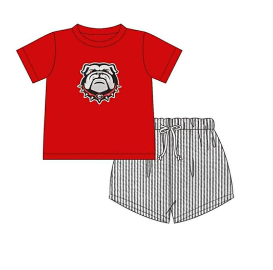 Preorder moq 5 Baby Boys Red Short Sleeve Bulldogs Top Shorts Team Clothes Set