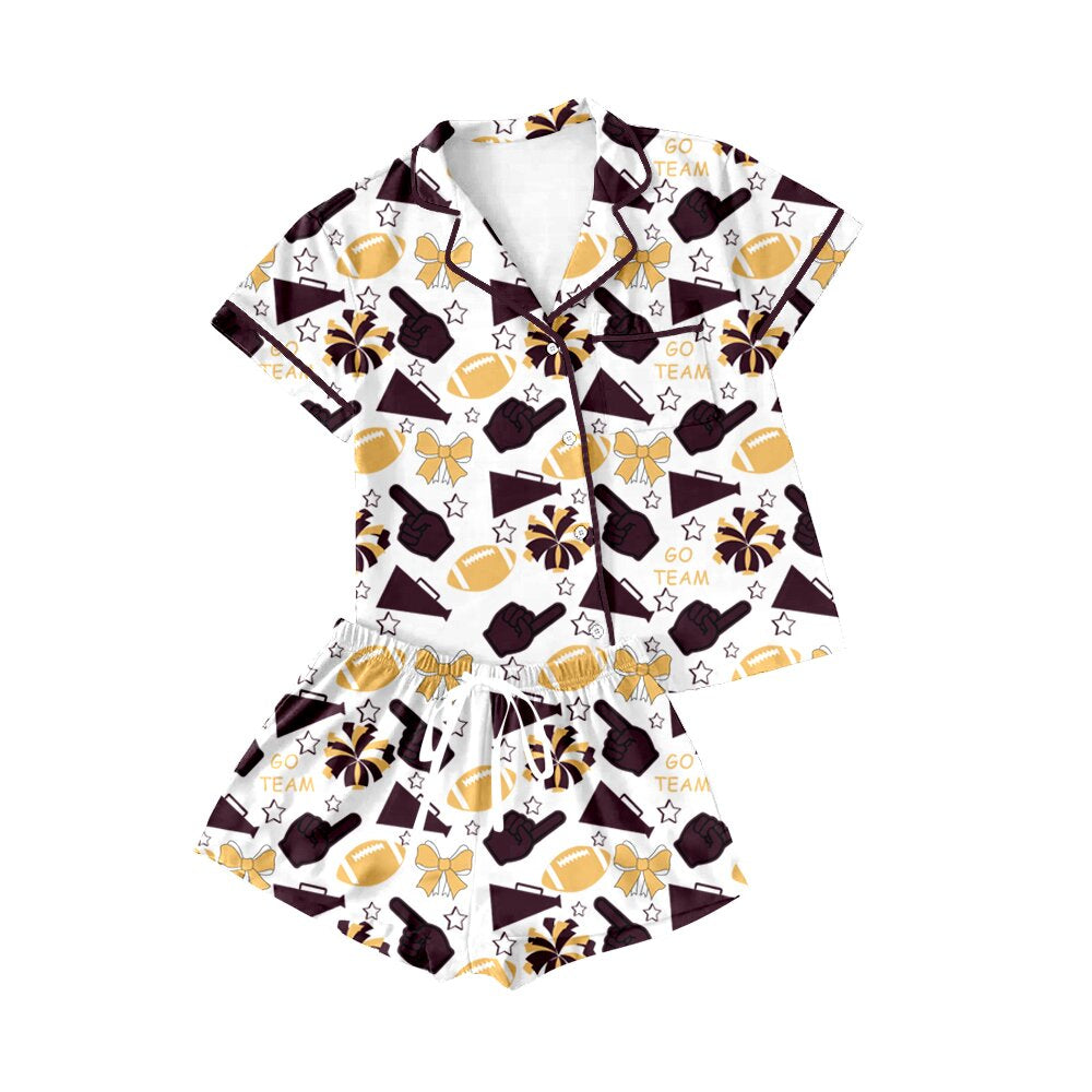 Preorder(moq 8)Baby Girls Gold Dark Red Bows Footballs Button Pocket Top Shorts Team Pajamas Set
