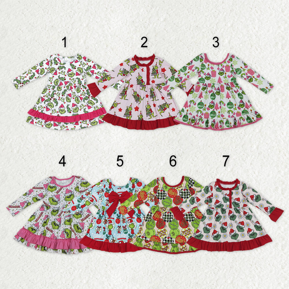 Sibling Baby Girls Grin Trees Lights Christmas Ruffle Knee Length Dresses