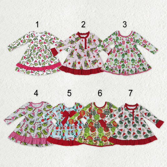 Sibling Baby Girls Grin Trees Lights Christmas Ruffle Knee Length Dresses