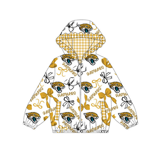 Preorder(moq 8)Baby Girls Yellow Bows Laguars Pocket Zipper Team Ruffle Hoodies Jackets