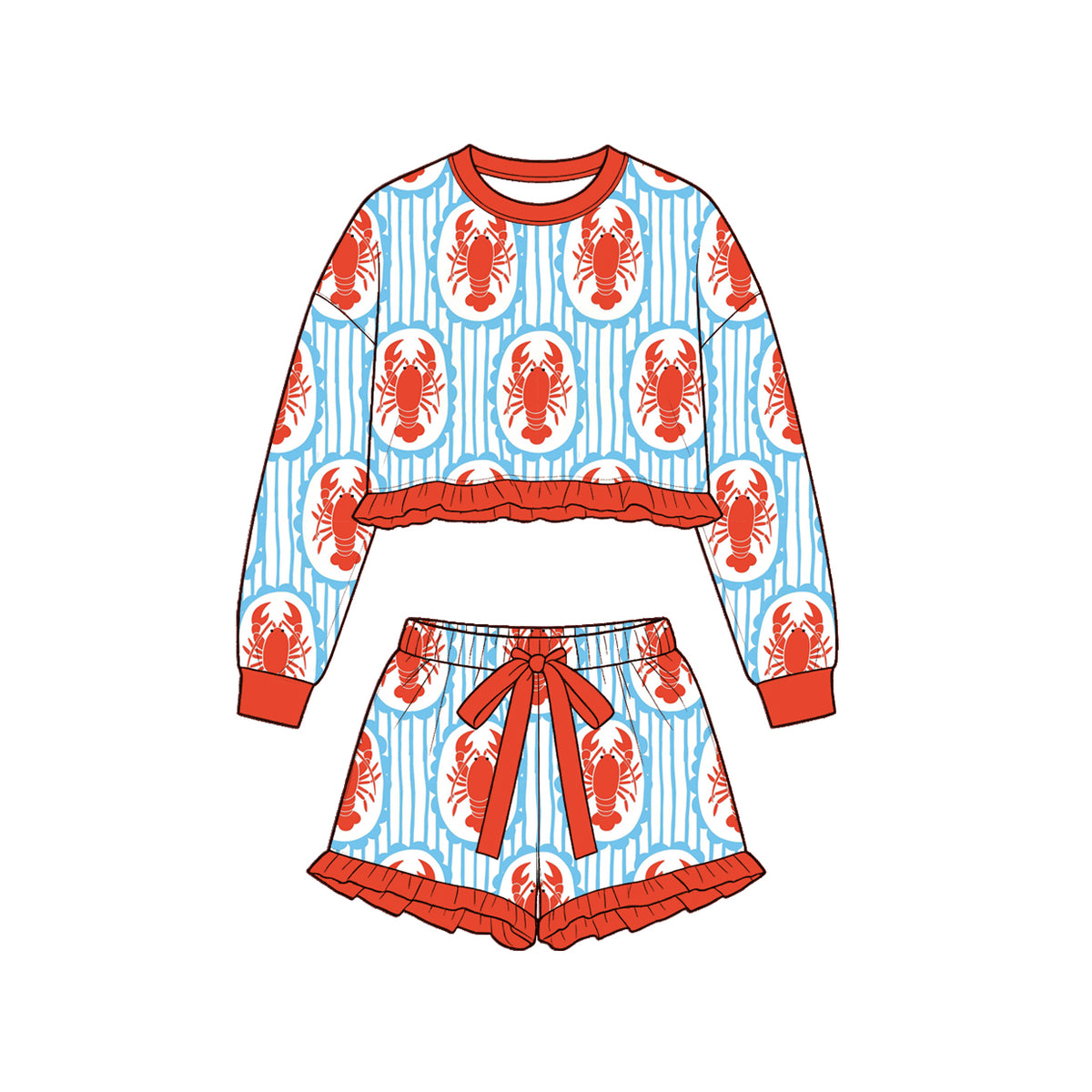 Preorder (moq 5) Baby Girl Clothes Crawfish Oval Frame Stripe Print Long Sleeve Crop Top Ruffle Short Set