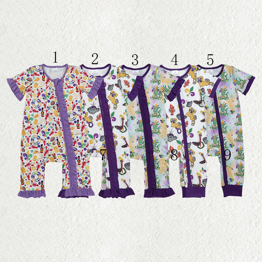 Sibling Baby Boys Girls Short Sleeves Mardigras Zipper Footie Rompers