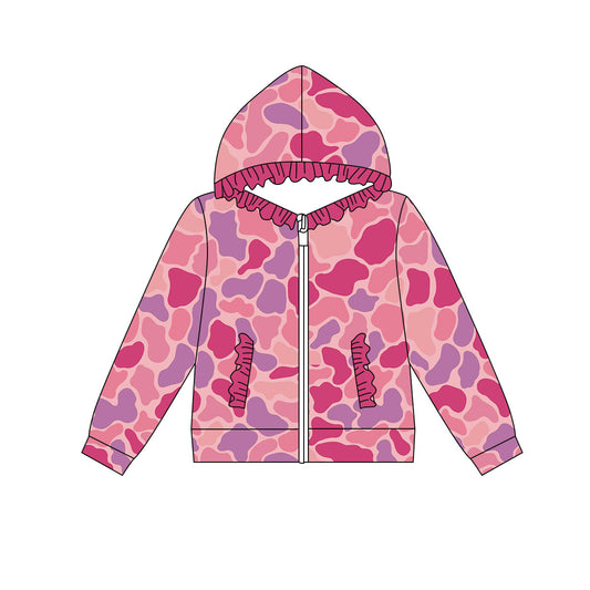 Preorder(moq 8)Baby Girls Pink Purple Camo Pocket Zipper Ruffle Hoodie Jackets