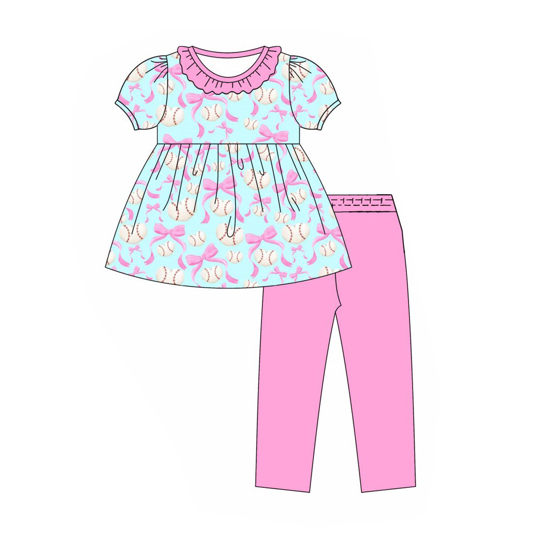 Preorder (moq 5)Baby Girls Short Sleeve Bows Baseballs Tunic Legging Team Clothes Sets