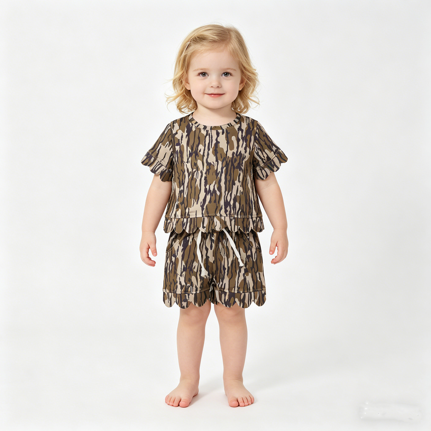 Mama and Me Girls Short Sleeve Southern Camo Top Pockets Short Scallop Clothes Sets