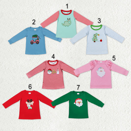 Sibling Baby Boys Girls Embroidery Santa Trees Deer Christmas Tee Shirts Top