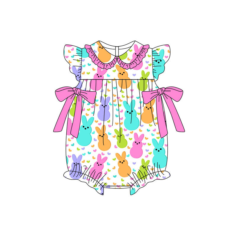 Preorder (moq 5)Baby Girls Flutter Sleeve Colorful Rabbits Hearts Bows Easter Ruffle Rompers