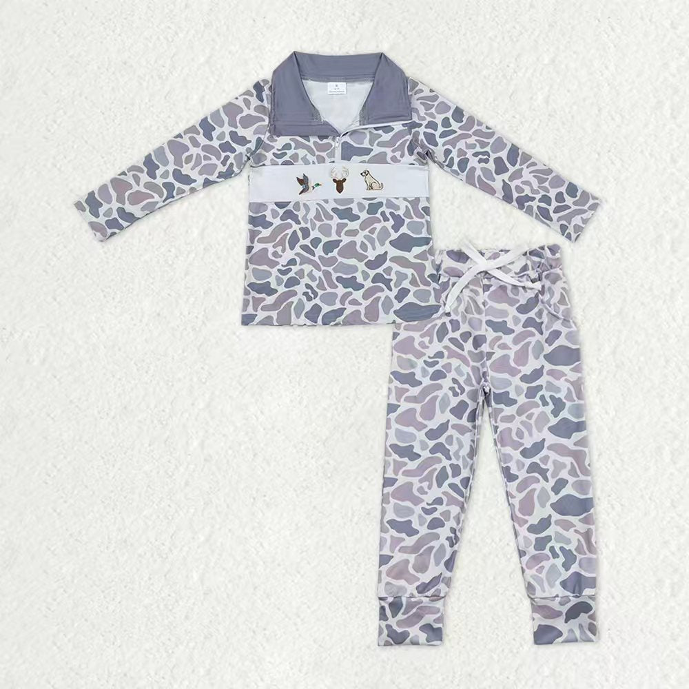 Baby Boys Light Grey Camo Embroidery Deer Dogs Ducks Zip Pullover Pockets Legging Hunting Clothes Sets